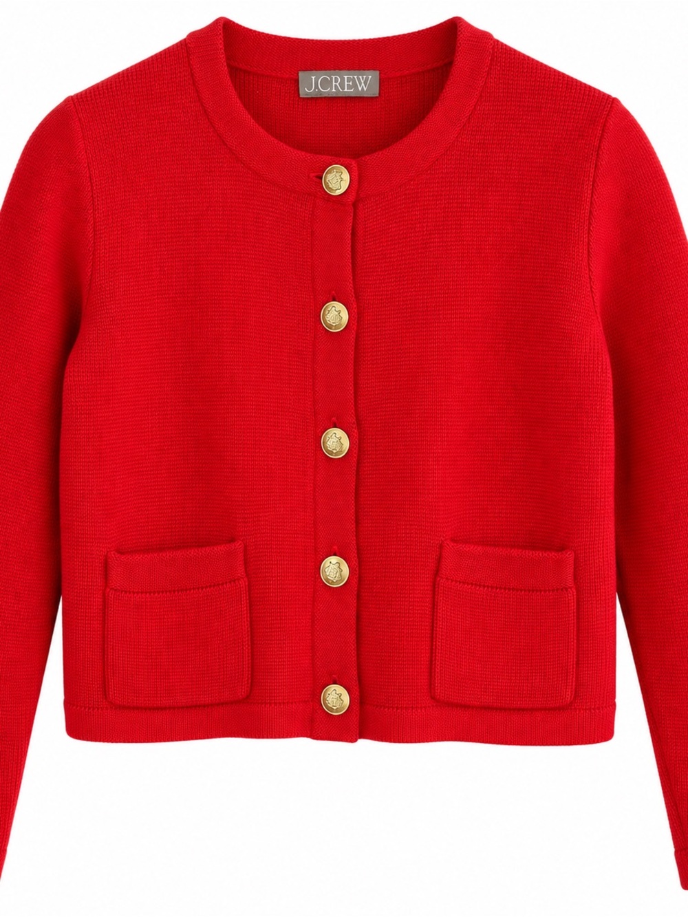 J.Crew Red Cotton Knit Lady Jacket Cardigan Gold Buttons Patch Pockets size S